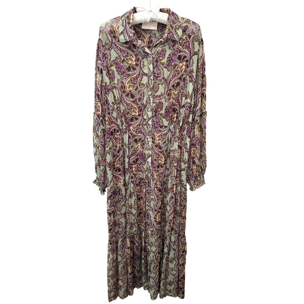 MISS JUNE Paisley Maxi Dress Boho Bohemian Long Sleeve Ruffle Flowy | Large